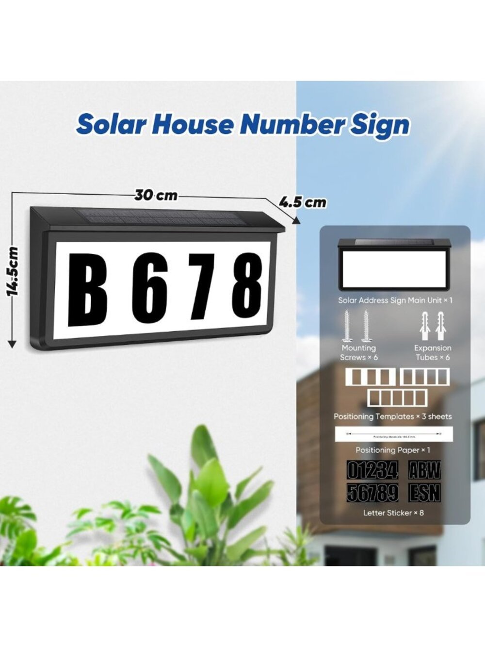 Solar-Powered LED House Numbers, Waterproof Dual Color Address Sign with - Picture 2 of 7